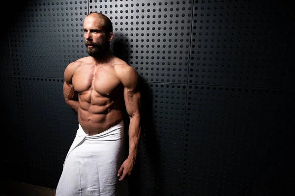 Beautiful Muscular Man Towel Taking Shower Bath Place Your Text — Stok Foto
