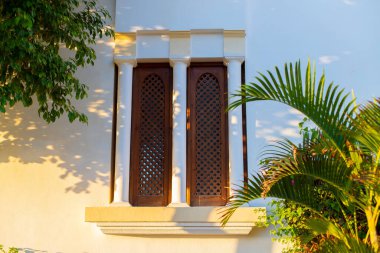 Pencereyi kepenkler kapatmış. Doğu tarzı pencereye yakın çekim. Tropik ağaçların dalları. Üç kollu bir pencereyle bir duvara düşen güneş ışığı.