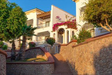 Cennetteki lüks konak. Yüksek sınıfın tropik tatil beldesi. Yeşillik, çiçekler ve güneş villaya dökülüyor. Tatil için elysium rüya.