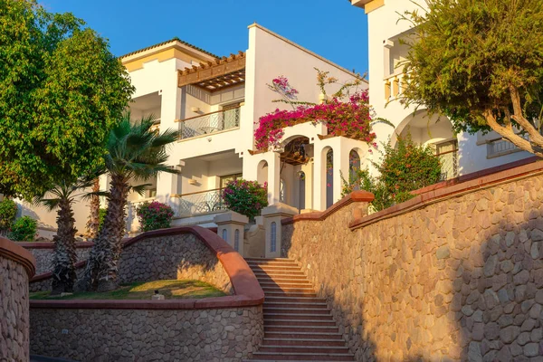 Cennetteki lüks konak. Yüksek sınıfın tropik tatil beldesi. Yeşillik, çiçekler ve güneş villaya dökülüyor. Tatil için elysium rüya.