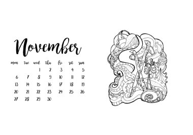 ay Kasım için takvim 2017. 