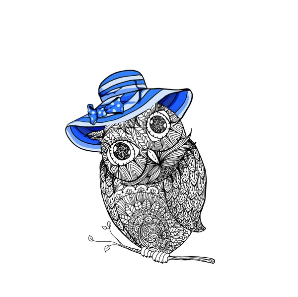 Сова в голубой шляпе летом — стоковый вектор