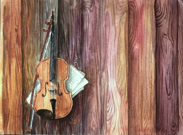 Hand-drawn violin on wooden planks — Stock Photo, Image