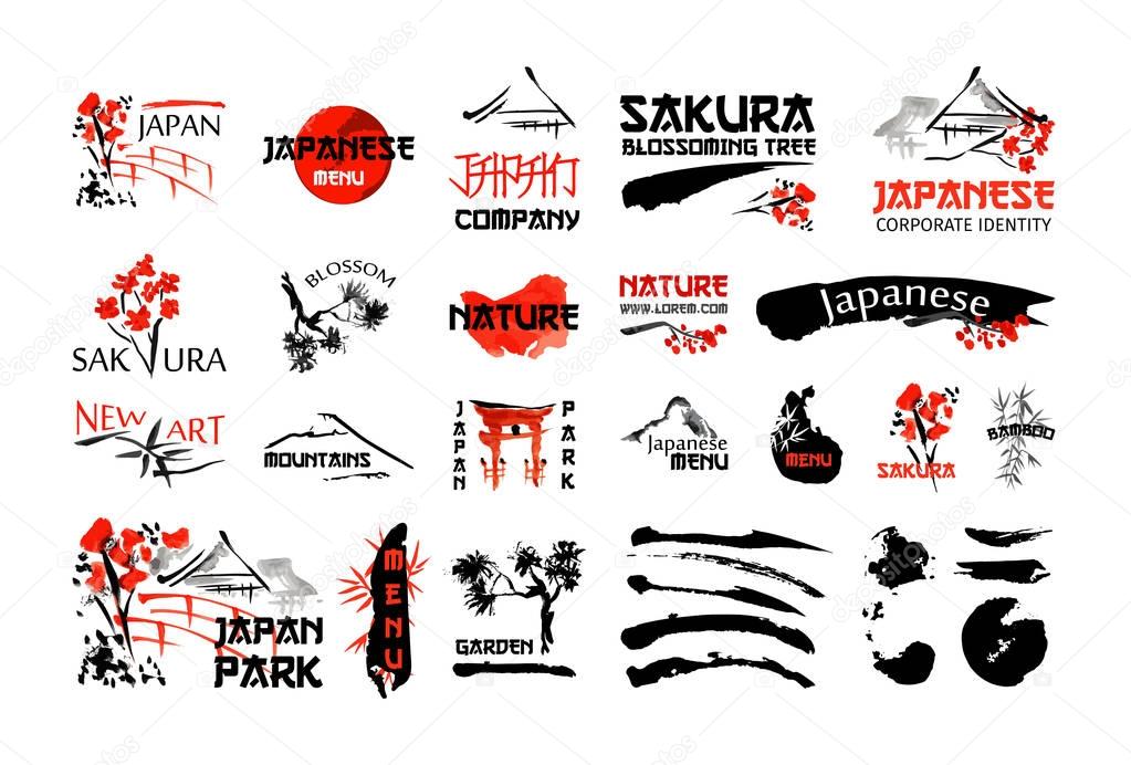 Logo templates set with asia landscapes, buildings and blossoming sakura branchs symbols in traditional japanese sumi-e style. Vector sign for design