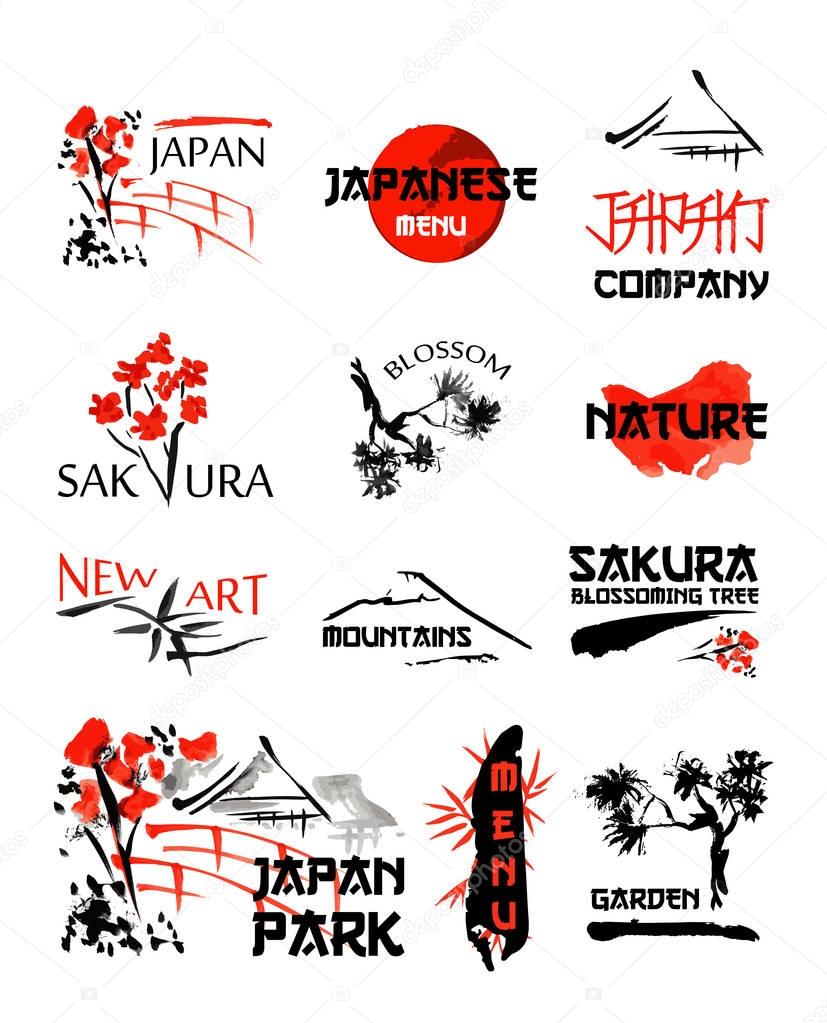 Logo templates set with asia landscapes, buildings and blossoming sakura branchs symbols in traditional japanese sumi-e style. Vector sign for design