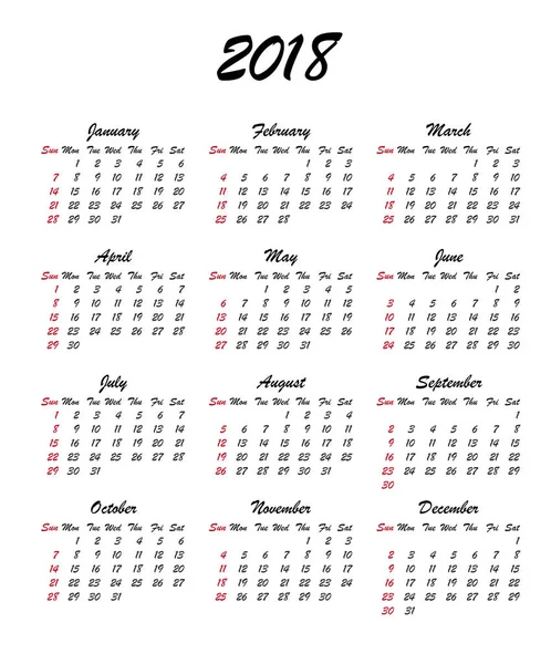 2018 年をカレンダーします。. — ストックベクタ