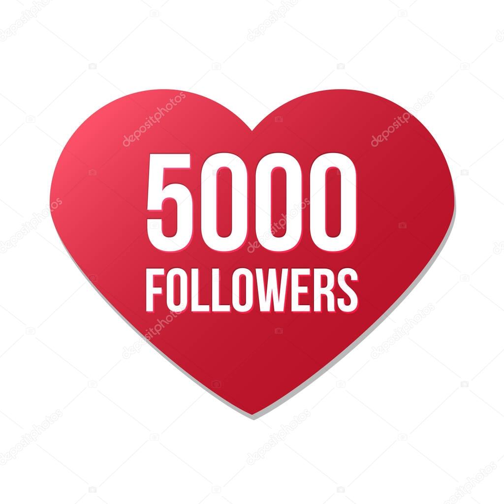 2000 followers red heart logo on white background, gratitude for following and support, happy for reaching three thousand friends. Vector illustration
