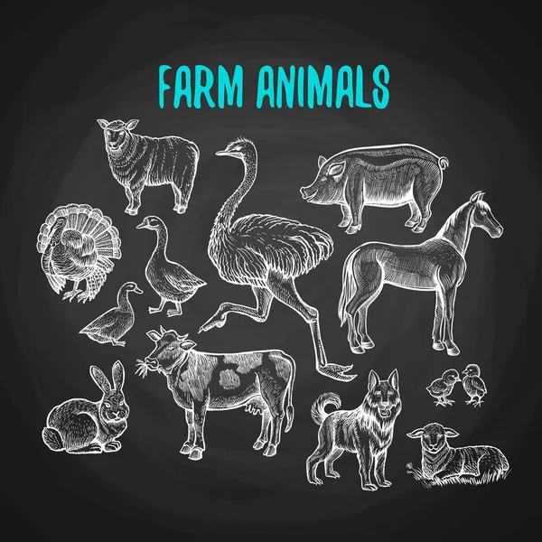 Conjunto de animales de granja en estilo tiza — Vector de stock