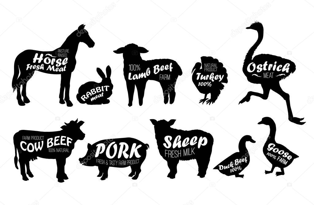 Farm animals logo vintage textured templates. Retro styled animals silhouettes of horse, turkey,cow, chicken,cow,sheep, ostrich, goose, duck, pork, lamb and rabbit.
