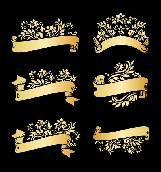 Bannières à ruban avec feuilles et fleurs — Image vectorielle