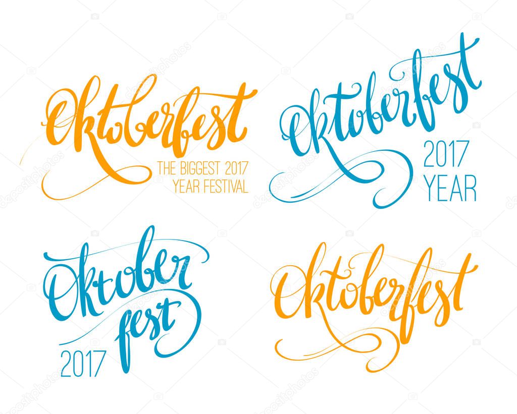 Oktoberfest vector hand lettering, brush pen calligraphy inscription for banners and logo design. Colorful blue, orange, yellow word Oktoberfest