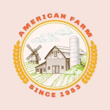 Amerikan çiftlik barn yel değirmeni, tarım için logo. Kulakları ile yuvarlak çerçeve handdrawn çizimde buğday. Vektör VINTAGE poster hasat, biyolojik ürünler, eko Tema. Kroki tarzı kırsal manzara