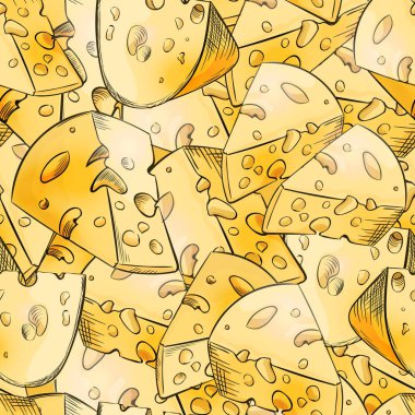 Peynir karikatür tarzı oyun tasarımı, kapsayan, ambalaj ve Gıda Restoran iç için duvar kağıtları için seamless modeli dilimler. Maasdam veya İsviçre büyük parçalar delikleri ile süt ürün yazın.