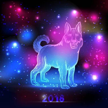 Köpek ile 2018 yeni yıl gece gökyüzü ışıkları ve yıldız ile kitabe sihirli. Köpek siluet hologram için reklam, blog tasarım ve etc