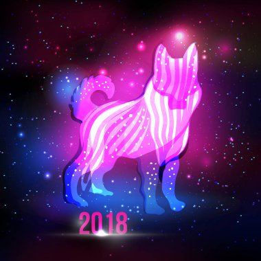 Modern soyut köpek siluet 2018 ile yeni yıl kitabe gece gökyüzü ışıkları ve yıldız. Köpek siluet hologram için reklam, blog tasarım ve etc