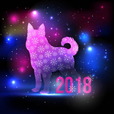 Fantezi çift ton köpek siluet kar taneleri ve gece gökyüzü ışıkları ve yıldız ile 2018 yeni yıl kitabe ile. Köpek pembe ve mavi siluet hologram kartpostallar, tebrik kartları için