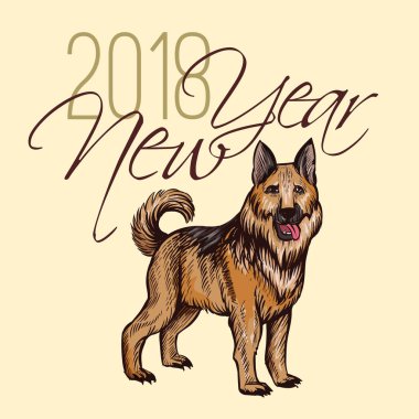 2018 yeni yıl kartı el ile köpek çizilmiş. Kart vektör tasarımı handdrawn hat yazıt ile kutlamak