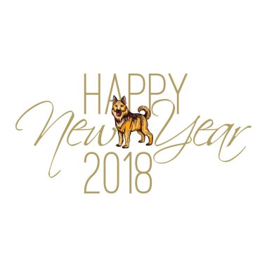 Hat yazıt mutlu yeni yıl 2018 el ile üzerine beyaz izole köpek, çizilmiş. Kutlama kartı vektör tasarımı