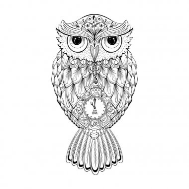 Saat yüzü beyaz arka plan vektör görüntü karnına ile izole baykuş kuş. Çılgın gece baykuş kuş elle çizilmiş vektör çizim