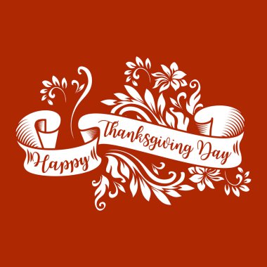 Şükran günün kutlu olsun vintage beyaz şerit üzerinde istiyor. Handdrawn Beyaz kurdele için Şükran tatil dizayn kahverengi zemin üzerinde yazı ile.