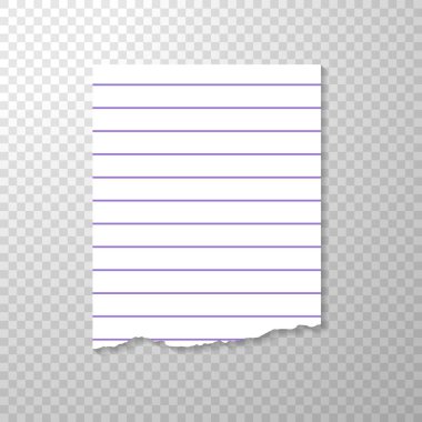Yırtık parça kağıttan defter çizgili. Temiz ya da boş sayfa üzerinde şeffaf arka plan izole. Beyaz kağıt torned parçası. Tasarımınız için Mockup ile vektör çizim