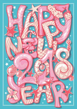 Mutlu yeni 2018 yıl hediye dikey kartpostal el yazı ile. Desen renkli Xmas harflerle.