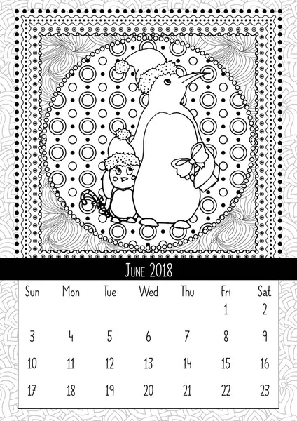 Рождественский Пингвин Подарком Календарь Июнь 2018 Северная Мама Птица Младенцем — стоковый вектор