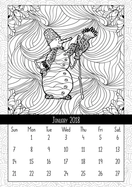 Snögubbe Doodle Stil Kalender Januari 2018 Färgläggningsschemat Bok Affisch För — Stock vektor