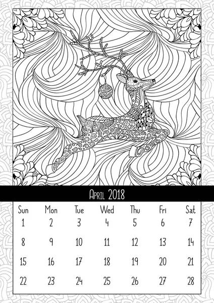 Ciervo Navidad Dibujado Mano Calendario Abril 2018 Año Cartel Libro — Vector de stock