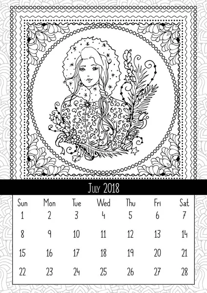 Livre Coloriage Snow Maiden Calendrier Juillet 2018 Snegurochka Femme Fée — Image vectorielle