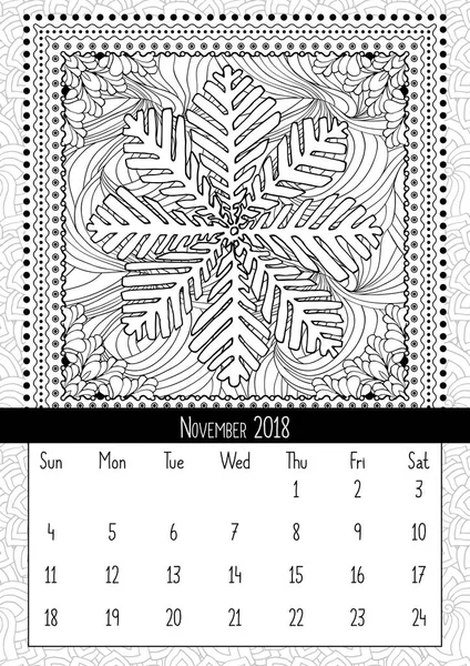 Pagina Del Libro Colorare Fiocco Neve Calendario Novembre 2018 Illustrazione — Vettoriale Stock