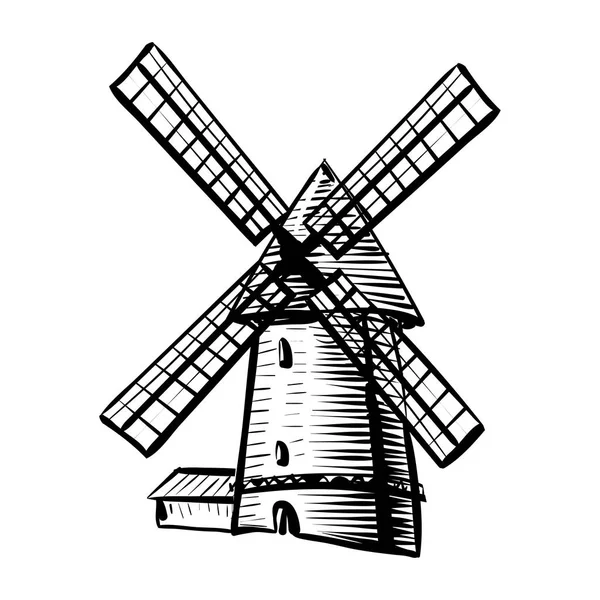 Windmill Isolerad Vit Bakgrund Handritad Skiss Stil Illustration Windmill Vektorbild — Stock vektor