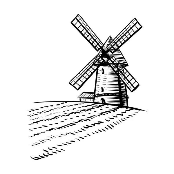 Windmühle Isoliert Auf Weißem Hintergrund Handgezeichnete Skizze Stil Illustration Windmühlenvektor — Stockvektor