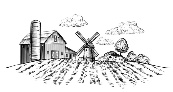 Bauernscheune Und Windmühle Auf Landwirtschaftlichem Feld Auf Ländlicher Landschaft Handgezeichnete — Stockvektor