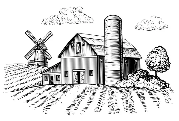 田園風景 ハッピーファームの納屋と風車をスケッチします 田舎の自然風景のイラストを描いてください 農業農家とフィールド ベクトル モノクロ概要イメージ — ストックベクタ