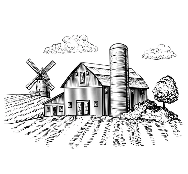 Ländliche Landschaft Bauernscheune Und Windmühlenskizze Hand Zeichnen Illustration Der Landschaft — Stockvektor