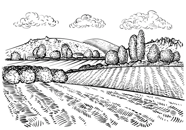 Αγροτικού Τοπίου Handdrawn Εμποτισμένα Σκίτσο Στυλ Εικονογράφηση Χέρι Επιστήσω Την — Διανυσματικό Αρχείο