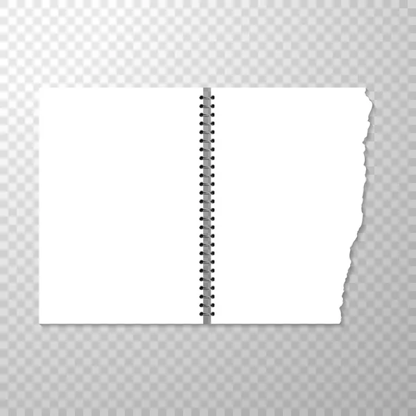 打开带有空白页的笔记本模板 从螺旋装订笔记本撕裂的一张纸 在透明背景上隔离的或空白的页面 带空活页夹的矢量插图白色纸样机 — 图库矢量图片