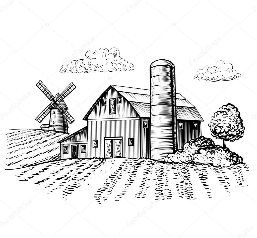 Rural landscape, farm barn and windmill sketch. Hand draw illustration of countryside natural scenic. Agricultural farmhouse and field. Vector monochrome outline image
