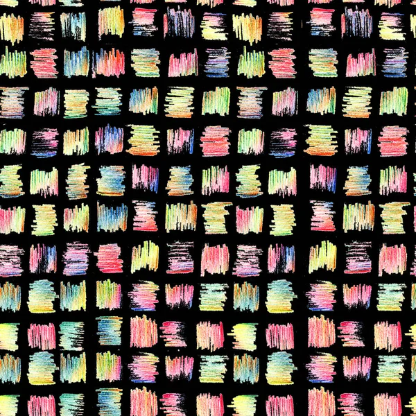 Seamless Pattern Multicolored Pastel Pencils Strokes Square Shape Black Background — Stock Photo, Image