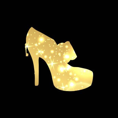 Yüksek topuklar ve siyah arka plan üzerine yıldız yanıp söner altın parlayan kadın ayakkabı.