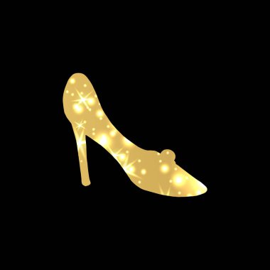 Yüksek topuklar ve siyah arka plan üzerine yıldız yanıp söner altın parlayan kadın ayakkabı.