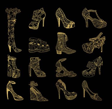 İgolden kadın ayakkabı kümesi. El çekilmiş peep toe ve stiletto, uyluk yüksek veya bot ve lita diz. Ayakkabı ve giyim Bayan, kız ya da erkek moda platformu, vogue tema ile çizme