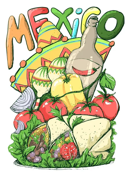 Мексиканська Їжа Ескіз Ізольовані Білому Тлі — стоковий вектор