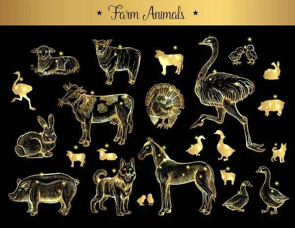 Conjunto Bocetos Antiguos Dorados Reales Animales Granja Sobre Fondo Negro — Vector de stock