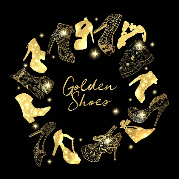 金色鞋收集符号与剪影和图案填充 — 图库矢量图片