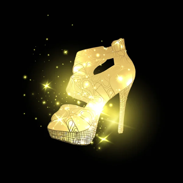 金色闪亮的女性鞋 高跟鞋和星光闪烁黑色背景 — 图库矢量图片