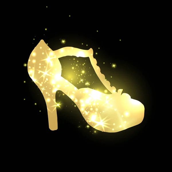 Goldglänzende Damenschuhe Mit High Heels Und Sternblinkern Auf Schwarzem Hintergrund — Stockvektor
