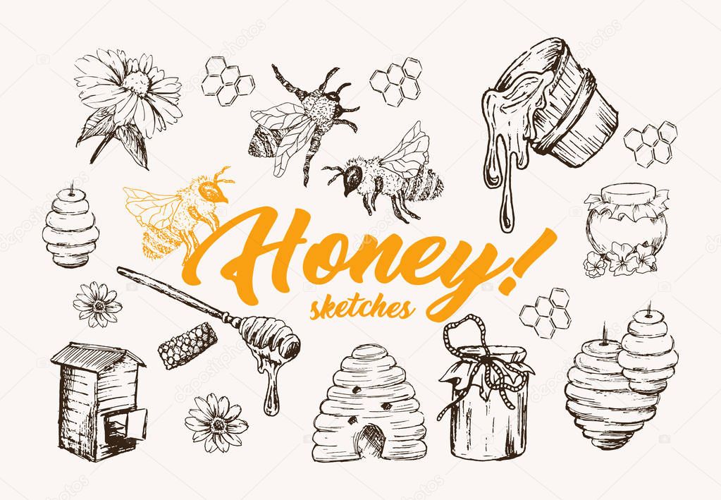 Honey Bees, Honeycombs And Jars Seamless Pattern.