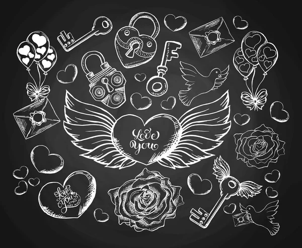 Ensemble Gravure Saint Valentin Avec Enveloppes Coeurs Ailes Colombes Roses — Image vectorielle